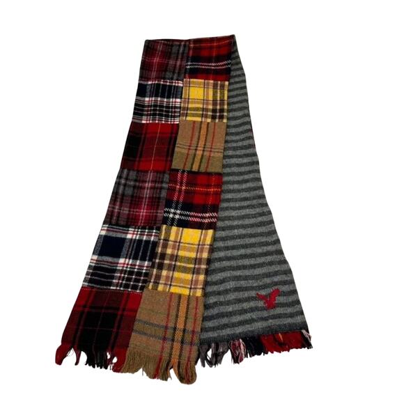 American Eagle Plaid Patchwork Scarf Neck Warmer Multicolor Wool Blend Fringe - Picture 4 of 10